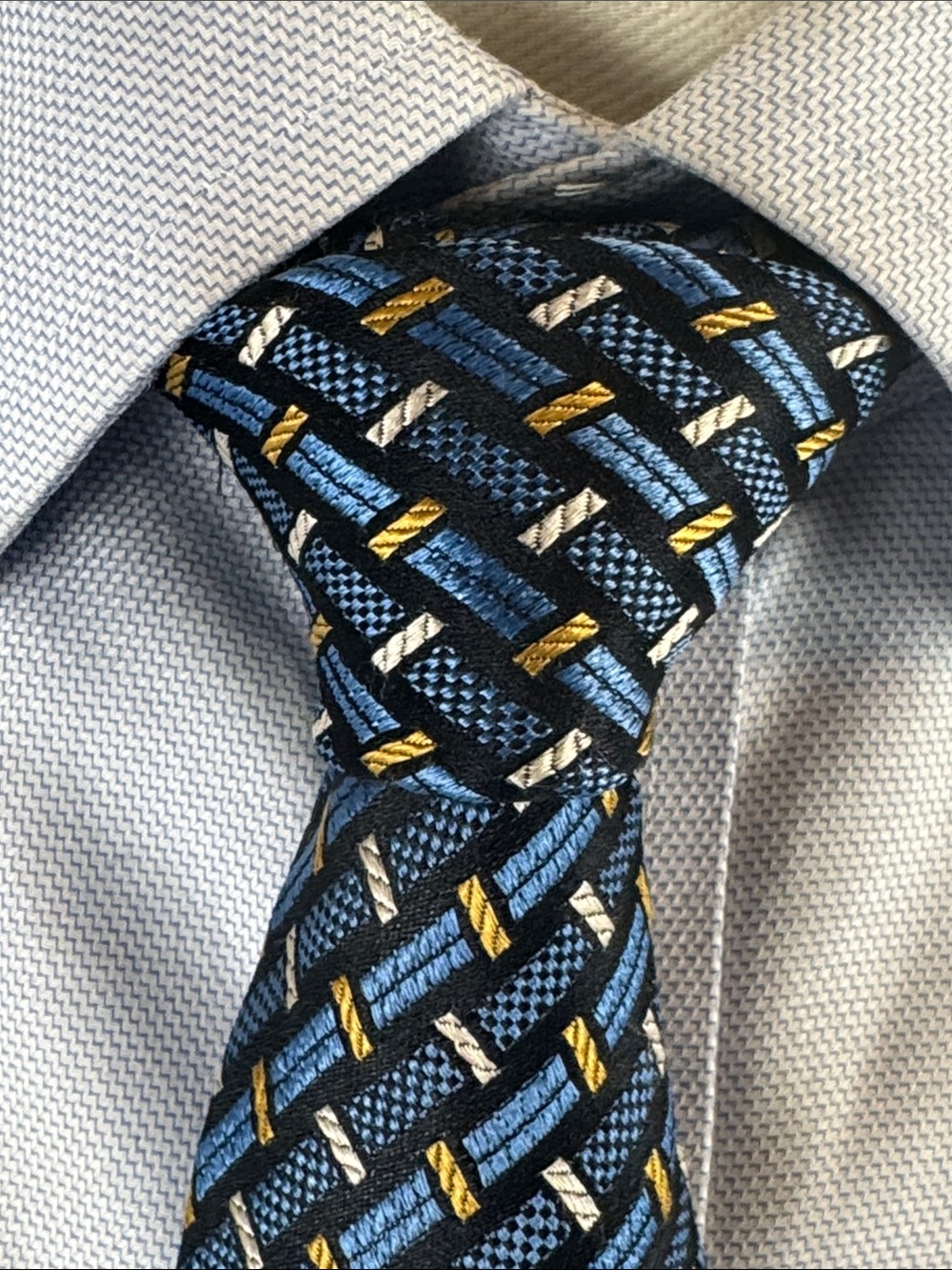 Henry Grethel Men’s Necktie - Blue, Gold Extra Long Basket Weave Silk Tie USA